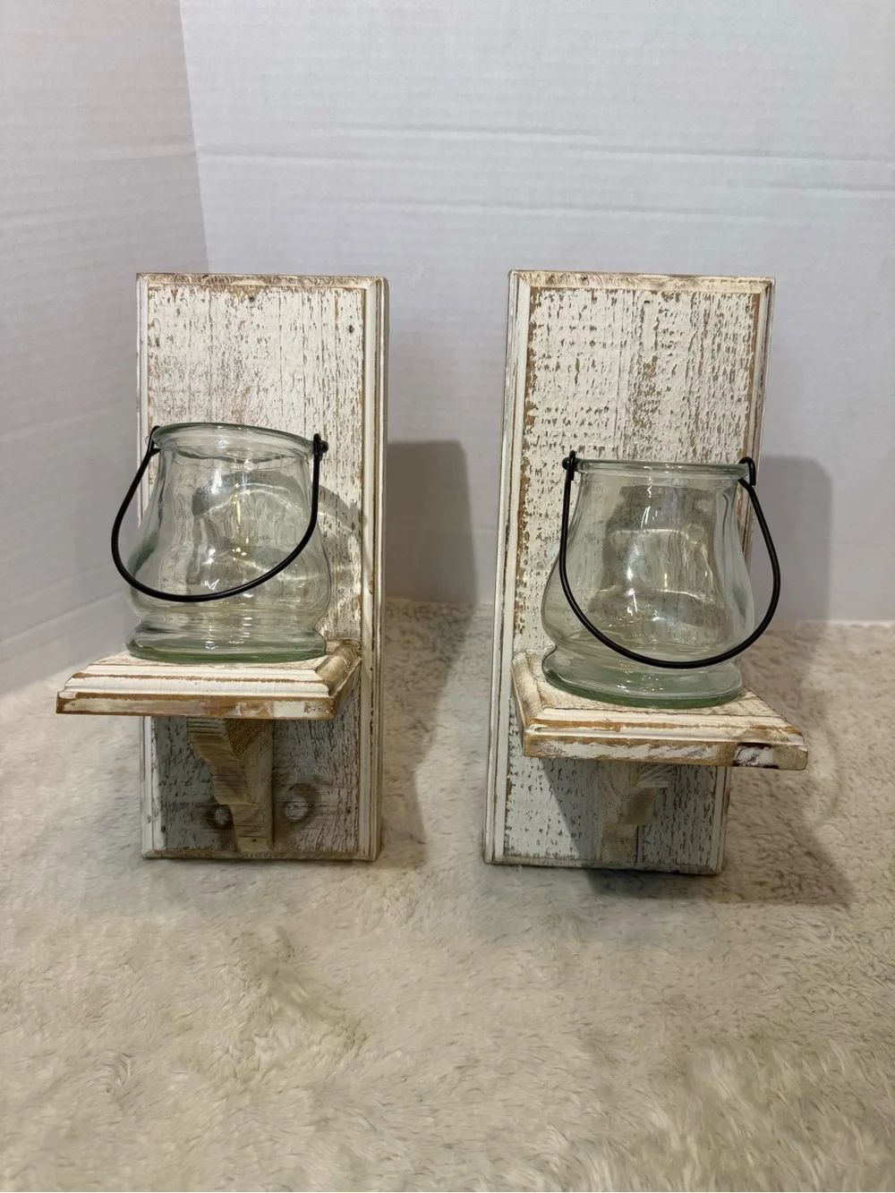 2~rustic white-washed wooden wall sconce with clear glass jar candle holders